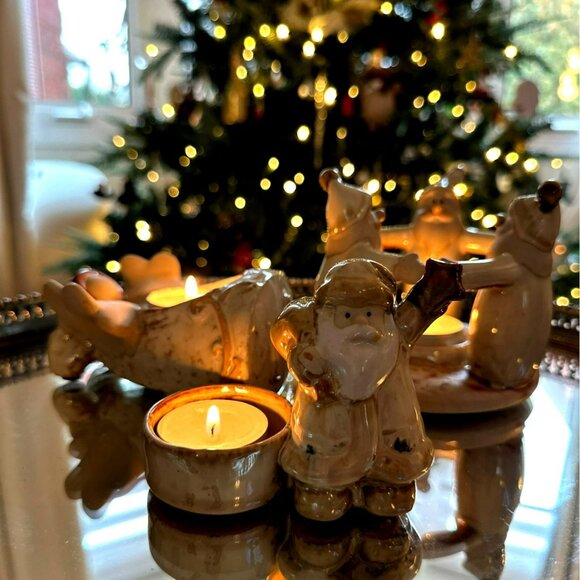 VTG Ceramic XMAS Tea Light Holder Santa & Angel Figurines Neutral esthetic beige - Picture 2 of 11